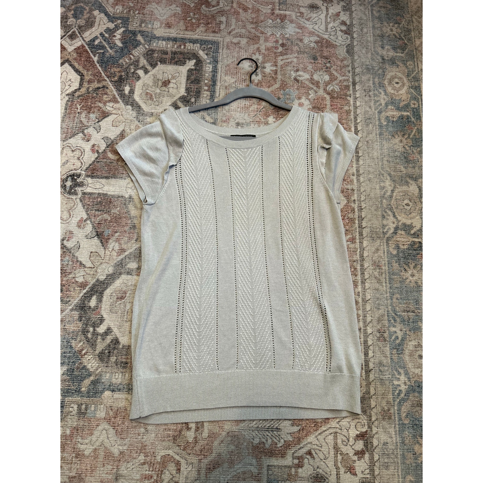 Banana Republic Tan Short Sleeve Ruffle Crochet Sweater, Sz Medium